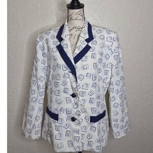Vintage Henry-Lee Geometric Spiral Print Blazer Navy White Size 16 Made in USA
